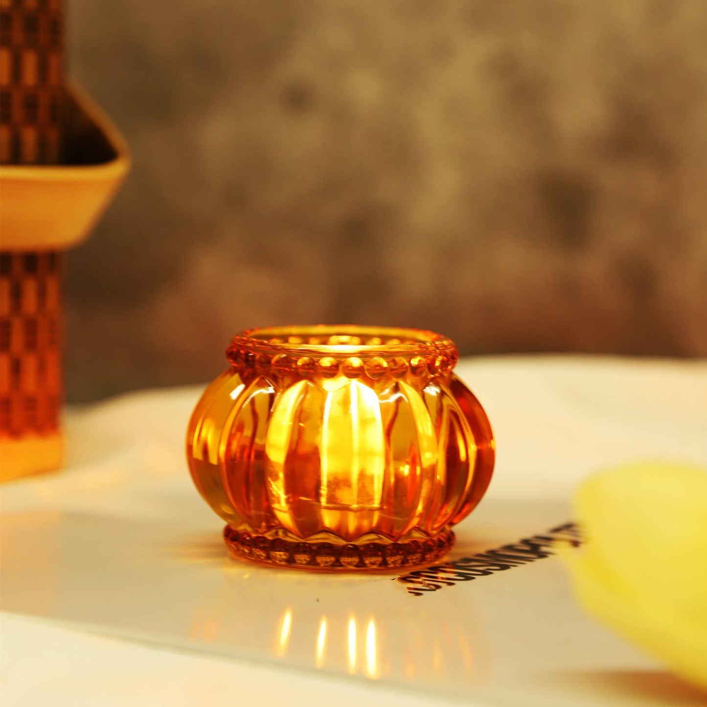 Woho 12pcs Amber Tealight Candle Holder, Glass Tea Lights Candle Holder for Wedding Table Decor, Votive Candle Holders for Birthday Party