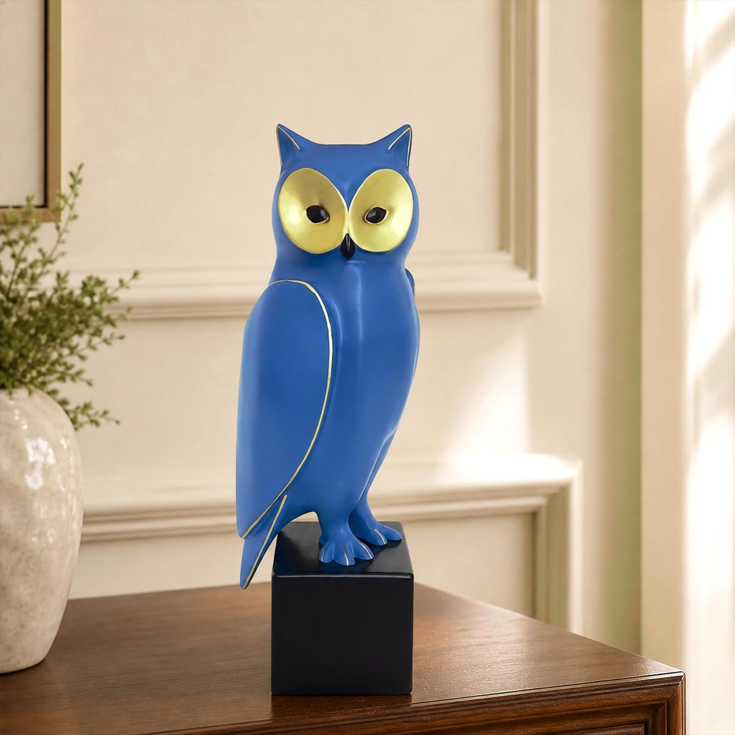 Royal Blue Resin Owl Statue – Mid-Century Modern Owl Sculpture – Retro-Style Abstract Art Home Decor – Freestanding Ornament for Living Room, Bookshelf, or Mantel – 15.7-Inch Resin Owl Sculpture