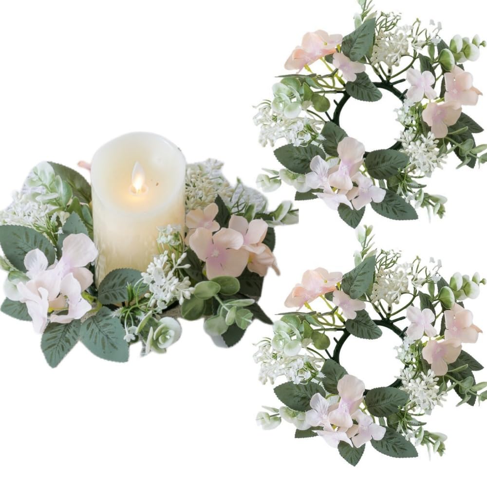 2 Pack Candle Rings Artificial Hydrangea Eucalyptus Leaves Wreaths Small Boho Wreath Pillar Candle Holder for Easter Wedding Home Door Tabletop Decoration (Pink)