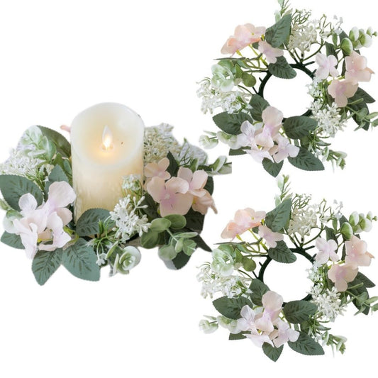 2 Pack Candle Rings Artificial Hydrangea Eucalyptus Leaves Wreaths Small Boho Wreath Pillar Candle Holder for Easter Wedding Home Door Tabletop Decoration (Pink)