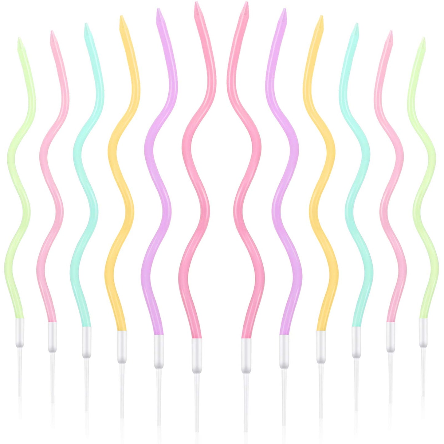 BBTO 12 Pcs Twisted Birthday Candles Spiral Metallic Cupcake Thin Long Cake Candles with Holders for Birthday Wedding Party(Colorful)