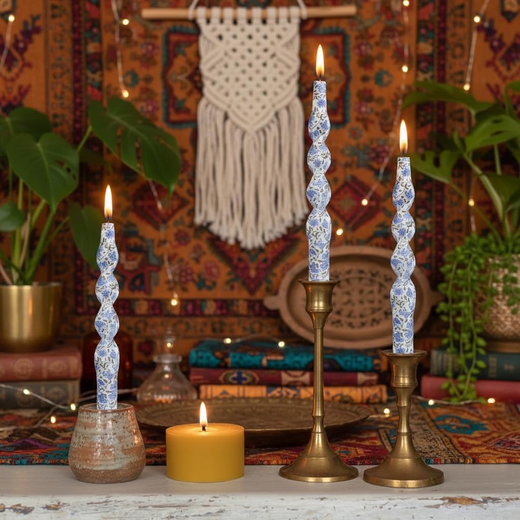 Blue and White Porcelain Taper Candle Flowers Printed Spiral Candles Unscented Smokeless Set of 2 Long Taper Candle 10 inch Twisted Candle Sticks Tapered Candles for Home Wedding Dinner Holiday Party
