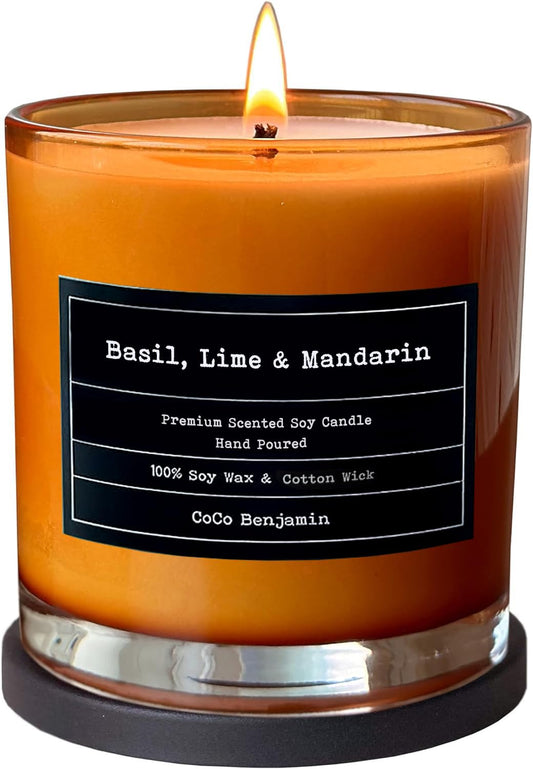 (Basil, Lime & Mandarin) 100% Natural Soy Wax Candle by CoCo Benjamin - Highly Scented & Hand-Poured Luxury Candle - Clean Burning Cotton Wick