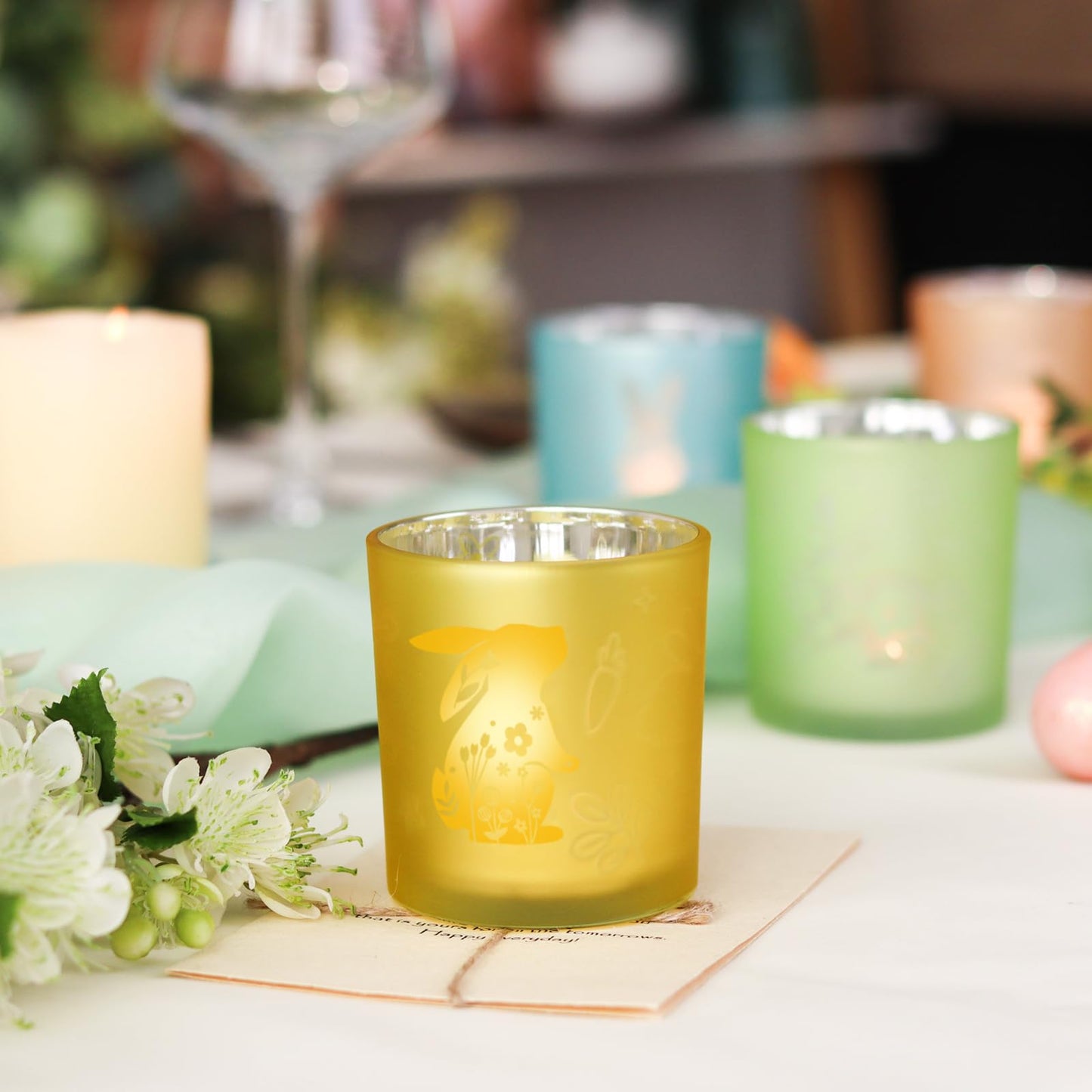 SHMILMH Easter Candle Holders Set of 4 Frosted Glass Votive Tealight Holders Engraved with Bunny Egg Easter Decorations Home Decor Table Centerpiece Gift for Women
