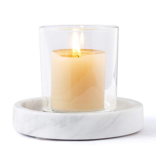 WORHE Candle Holders Italy Premium Natural Marble Candlestick Holder for Jar Pillar Candles Large Round Coaster Plate Jewelry Tray Centerpiece for Wedding Dining Table Home Decor White (ZT011)