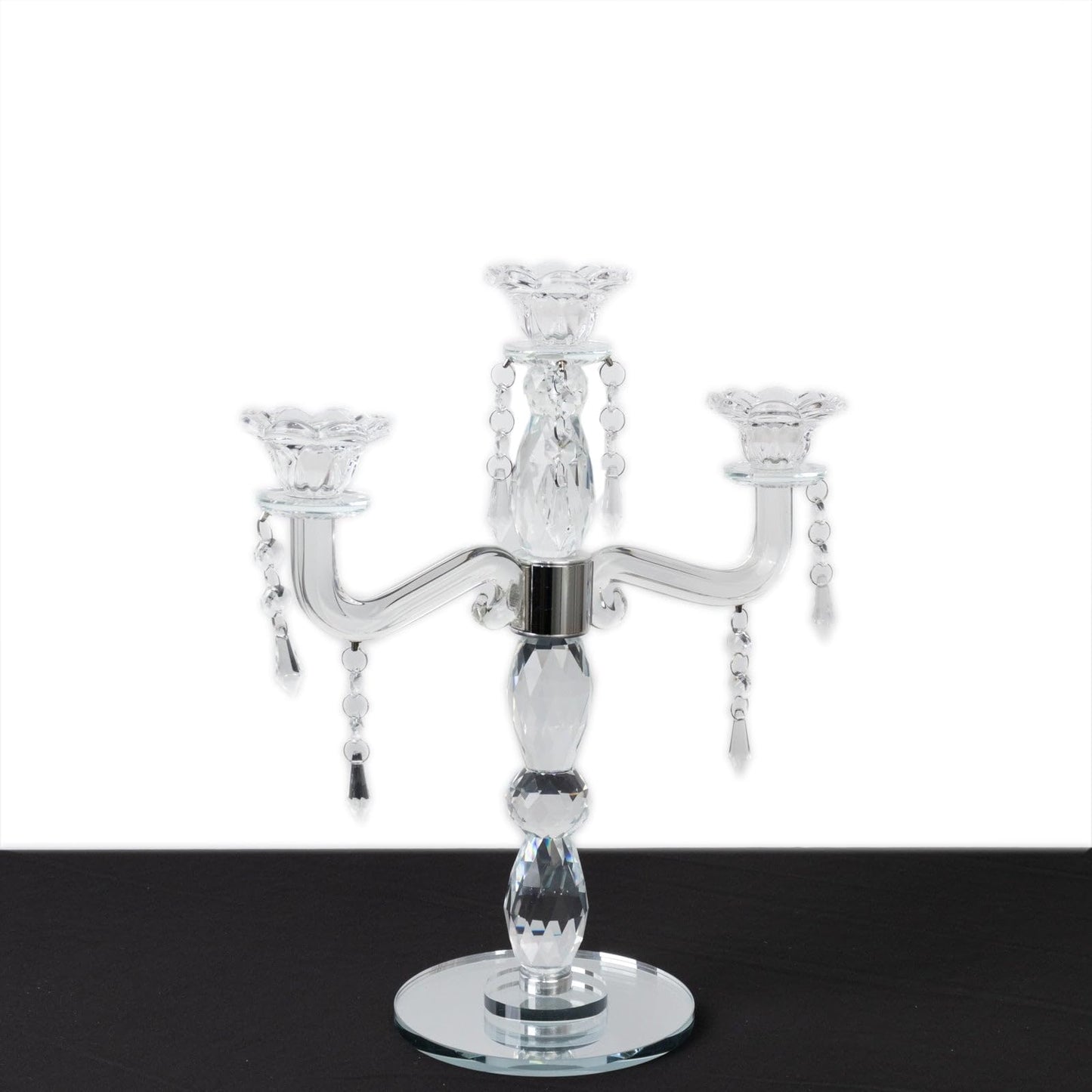 Efavormart Crystal 3-Arm Candelabra Taper Candle Holder with Hanging Prisms & Round Mirror Base – Faceted Cut Glass Design - 14" Tall
