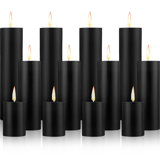 Lounsweer 12 Pcs Pillar Candles Bulk for Wedding Unscented Pillar Candles 3 Set 2 x 3/6/8 Inch Multi Size for Weddings Engagement Spa Home Party Events Ceremony(Black)