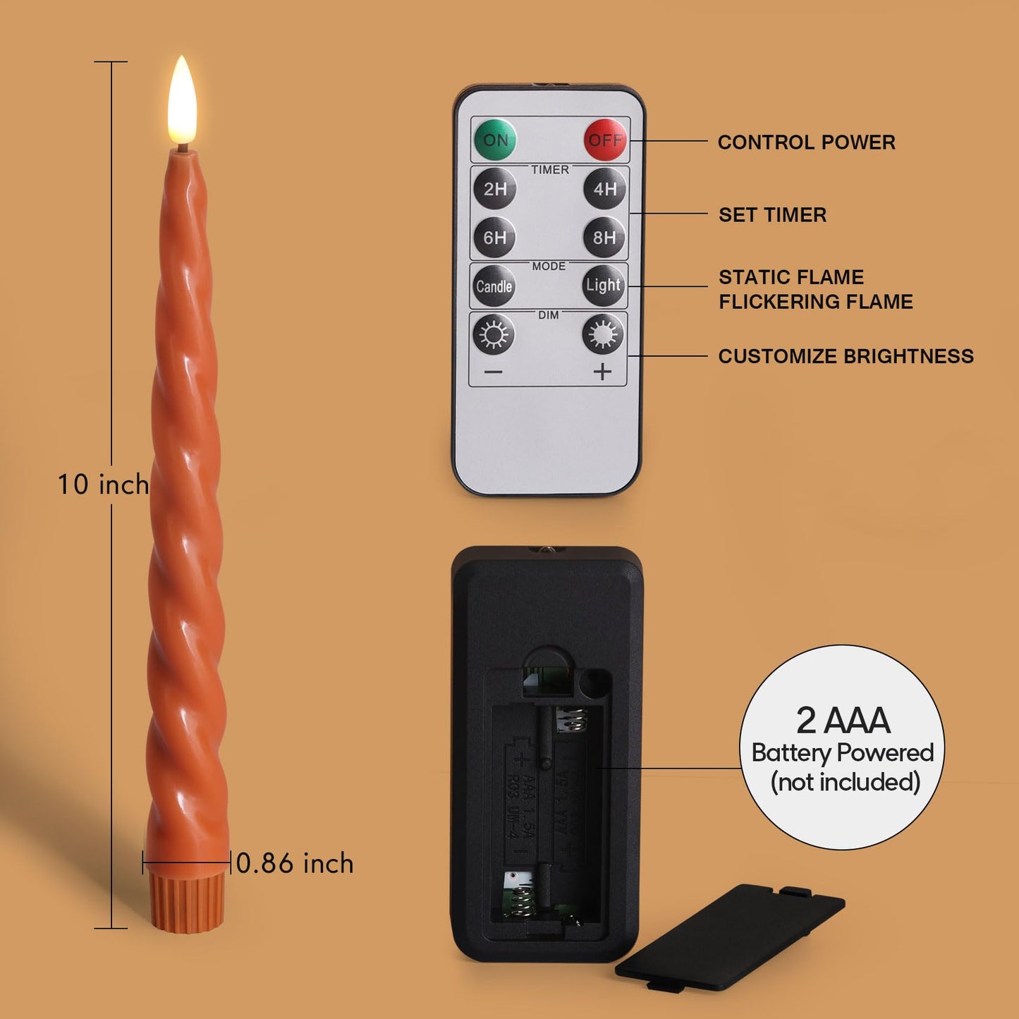 Girimax Orange Flameless Taper Candles with Remote, Spiral Candles Battery Operated, Flickering LED Candlesticks Set of 6