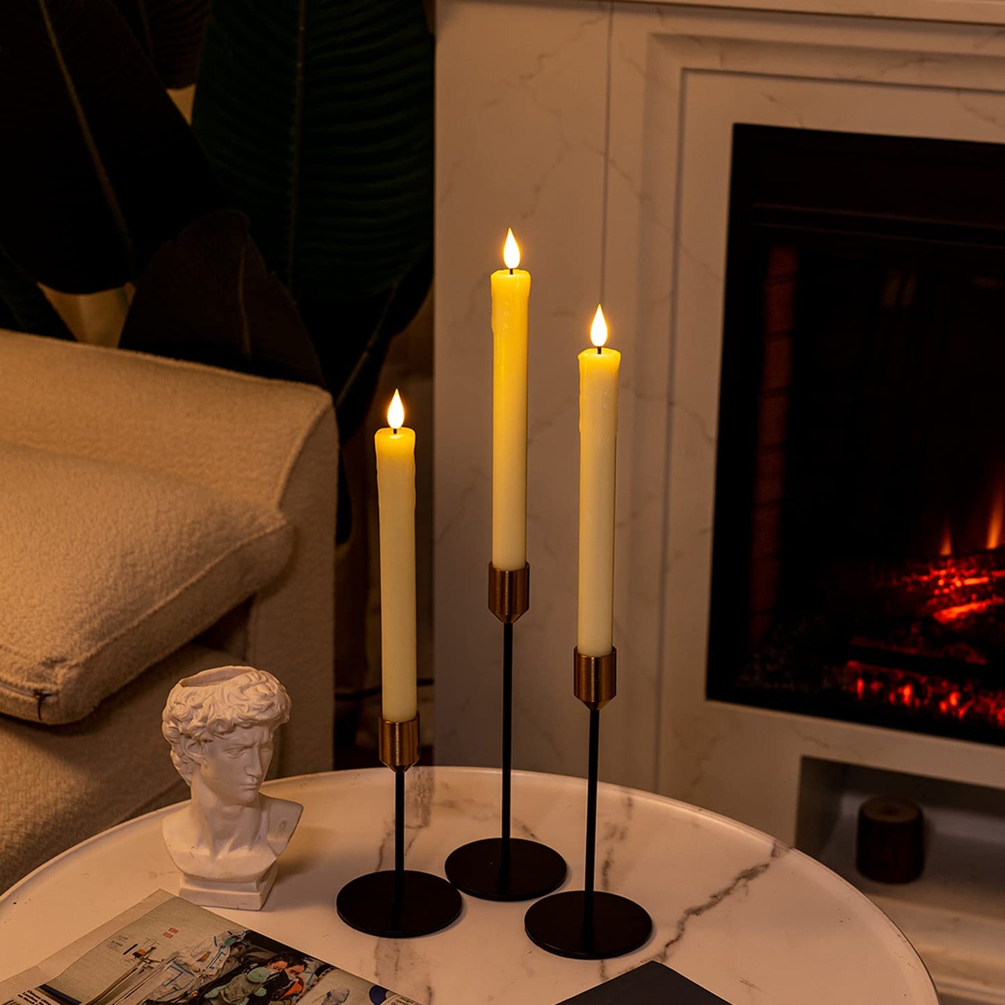 Homemory 3 Pcs Real Wax Flameless Taper Candles with Remote Timer and Dimmer, Battery Operated Candlesticks with Flickering Light, Ivory Window Candles, 9.6 Inches for Wedding Home Decor