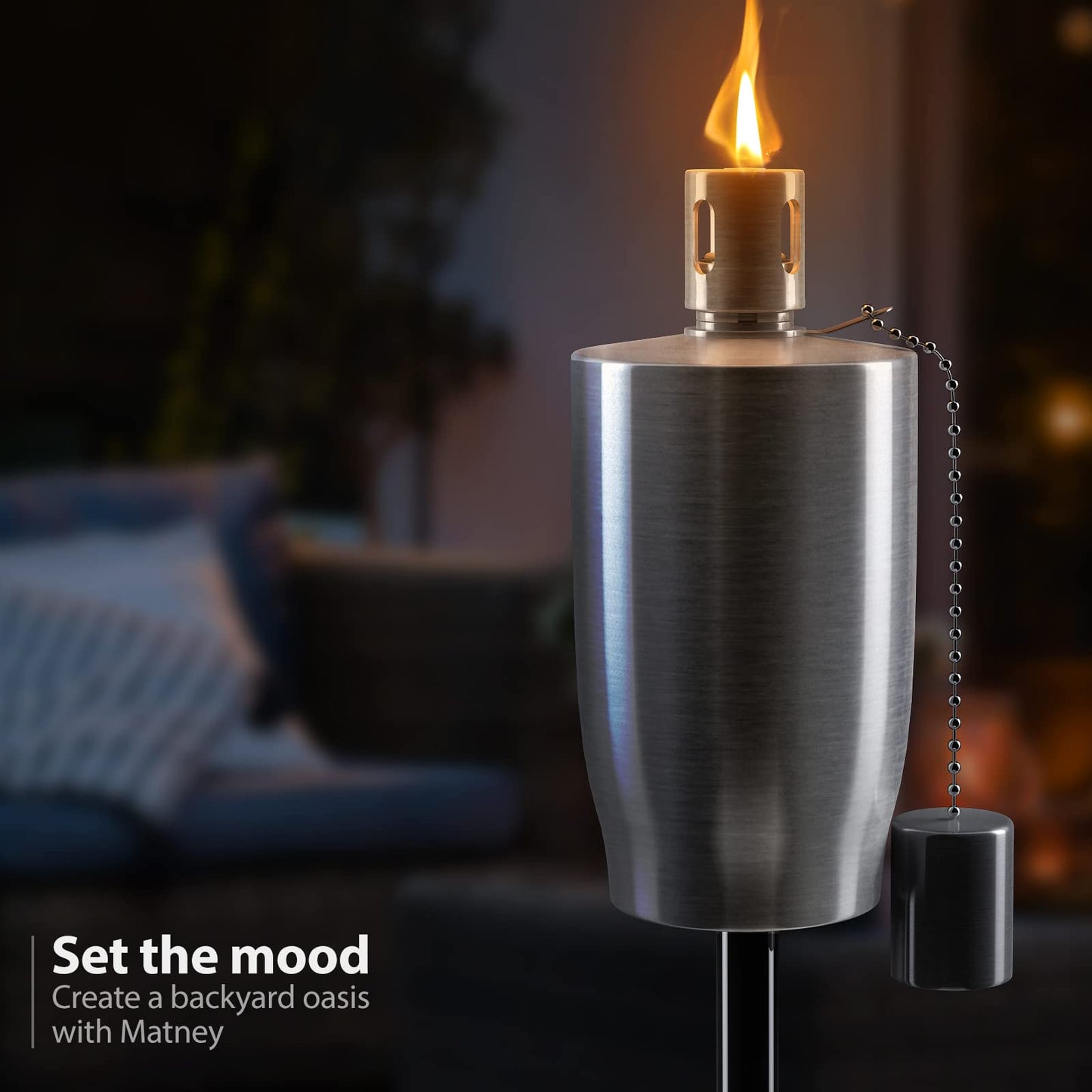 Matney Stainless Steel Outdoor Torches - 5 ft Oil Lamp Set of 4 - Fiberglass Wick & Snuffer Cap
