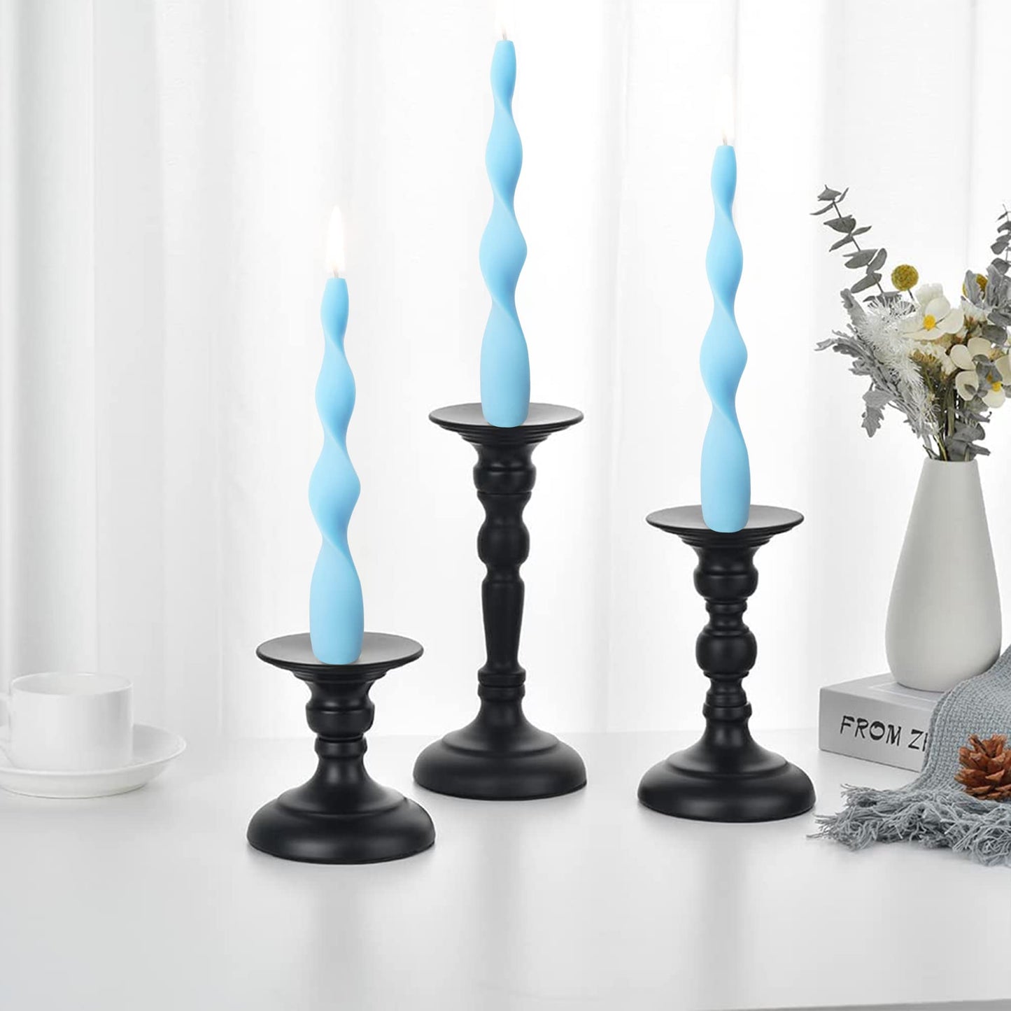 8.3 Inch Spiral Taper Candles Dripless Twisted Taper Candle Handmade from Vegan Soy Wax for Holiday Wedding Party Home Dinner Decoration Party and Any Occasion,Set of 2(Bulewhite)
