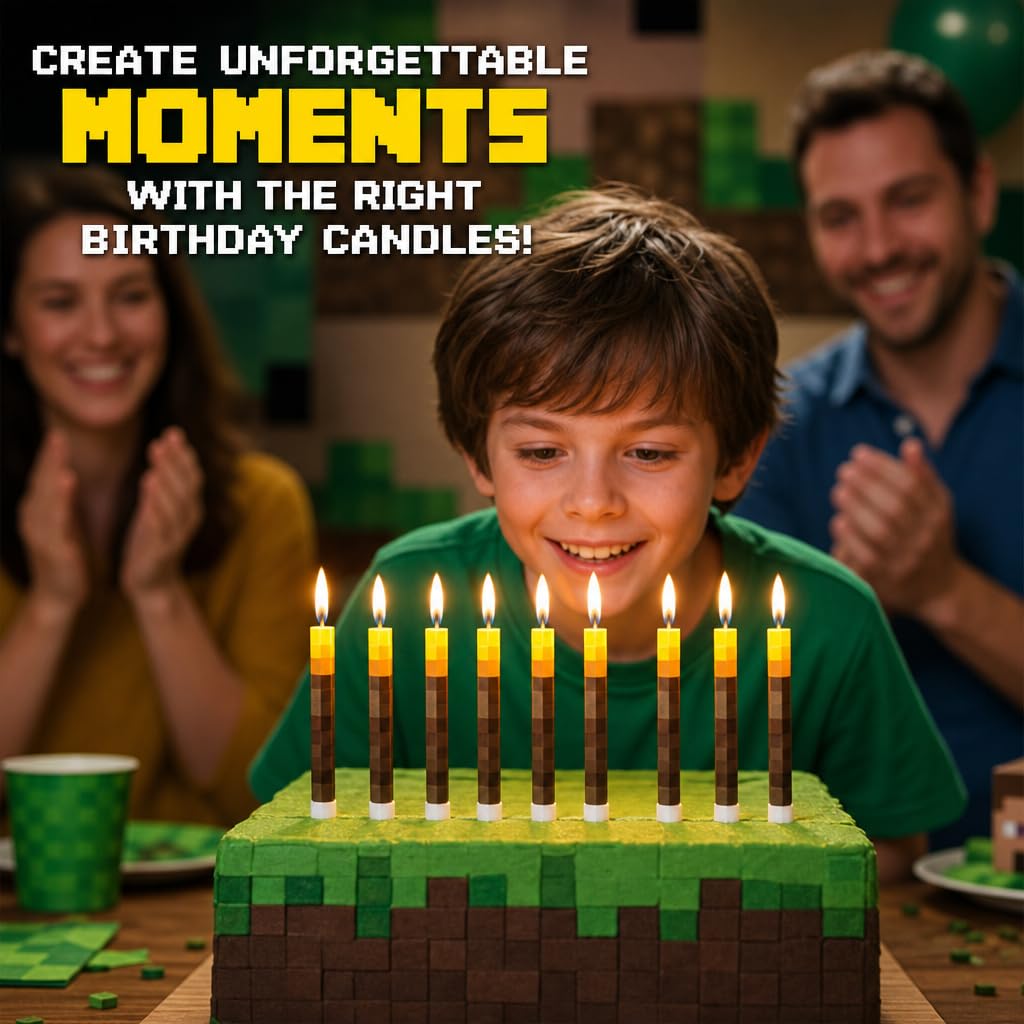 Camtoms Birthday Candles (8 Pack) - Large 3-Inch Cake Toppers - Birthday Cake Decorations for Boys - Novelty Gaming Themed Pixel Torch Candle Set for Level Up Celebration