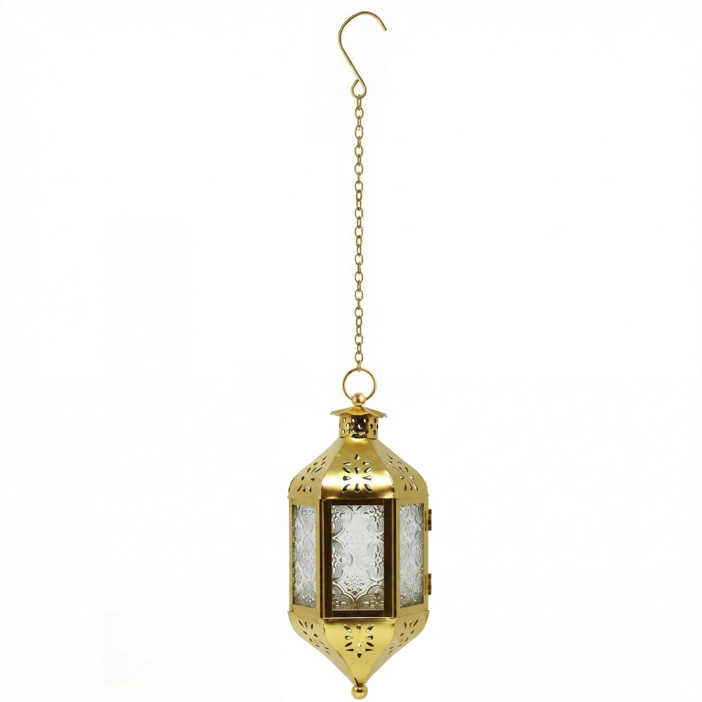 Vela Lanterns Hanging Moroccan Lamp - Exotic Decorative Patio & Porch Decor, Indoor Outdoor Tea Light Candle Lantern Holder with Chain (11" Medium, Gold)