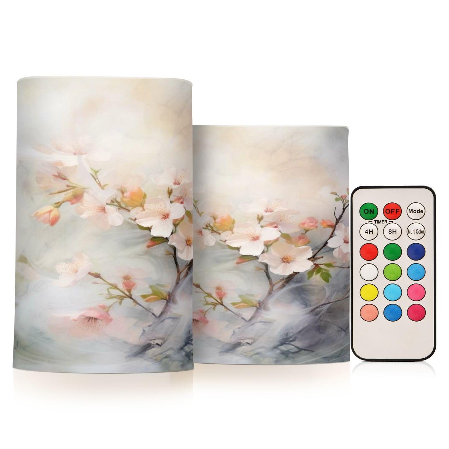 ALAZA Spring Cherry Blossom Flowers Flickering Flameless Candles Battery Operated with Remote Timer,Tea Light Candles LED Pillar Votive Candles Set of 2 for Outdoor Indoor Decorations