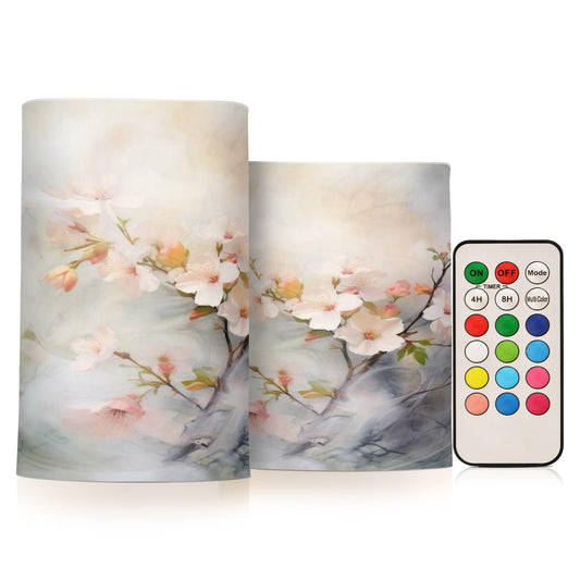 ALAZA Spring Cherry Blossom Flowers Flickering Flameless Candles Battery Operated with Remote Timer,Tea Light Candles LED Pillar Votive Candles Set of 2 for Outdoor Indoor Decorations