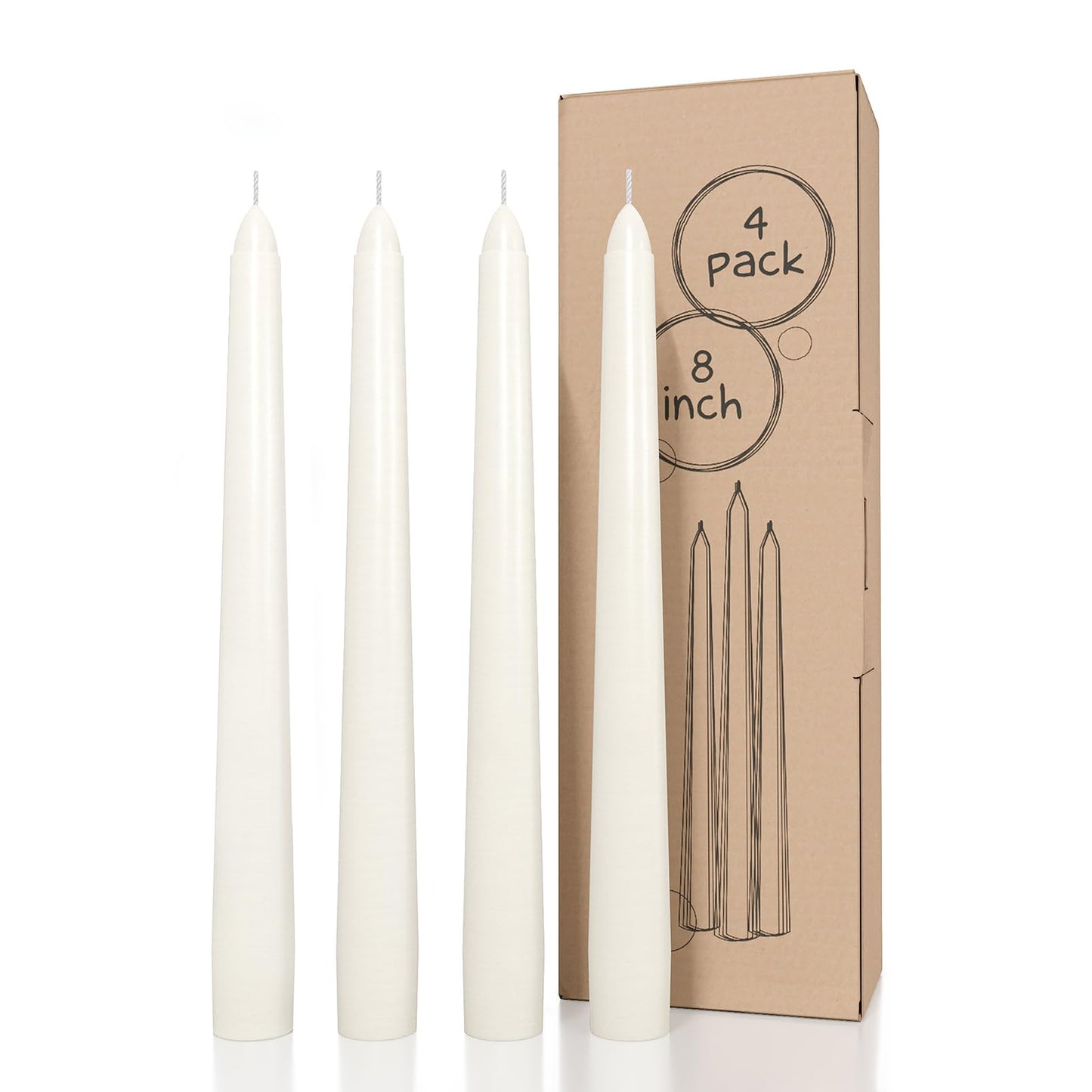 CANDWAX Ivory Taper Candles 8 inch Dripless - Set of 4 Tapered Candle Ideal for Dinner - Smokeless and Unscented Candlesticks Long Burning