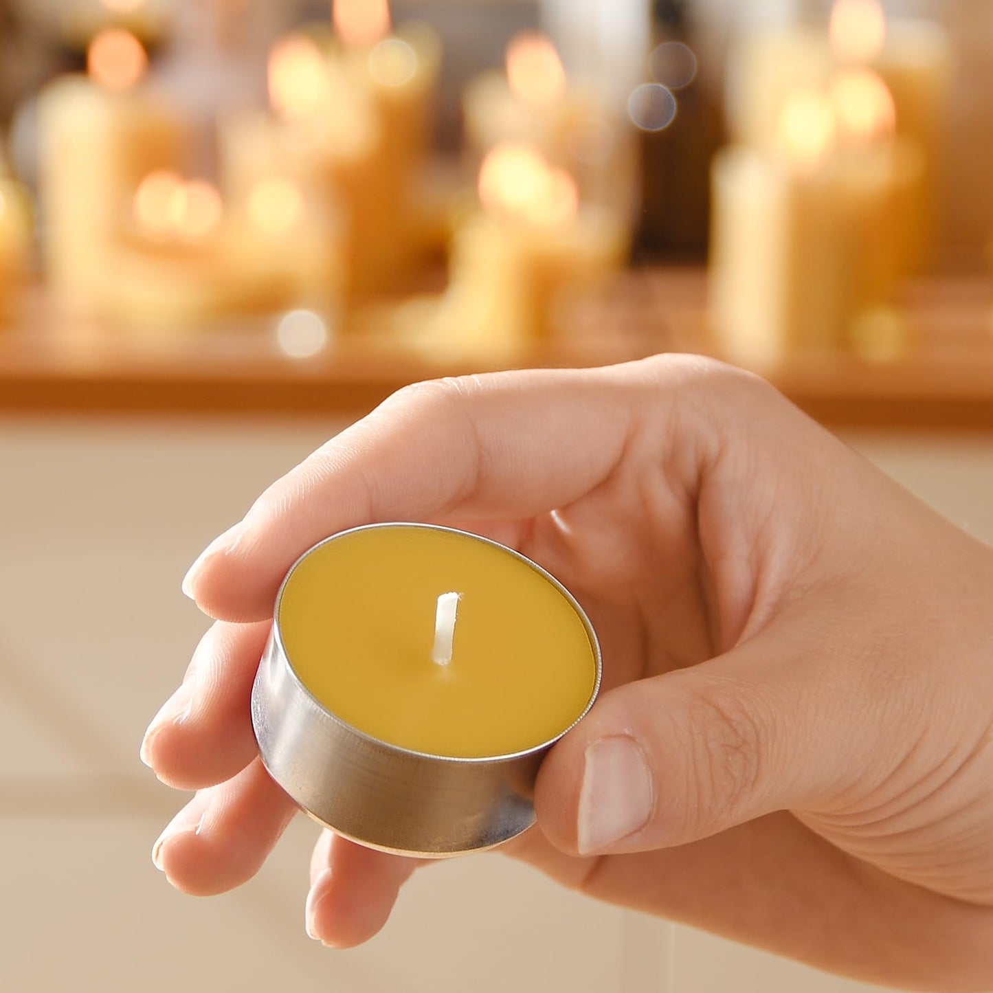 50-Pack Pure Beeswax Tealight Candles in Aluminum Cups - 4-5 Hour Burn Time, Lead-Free Cotton Wick, Natural Unscented Candles