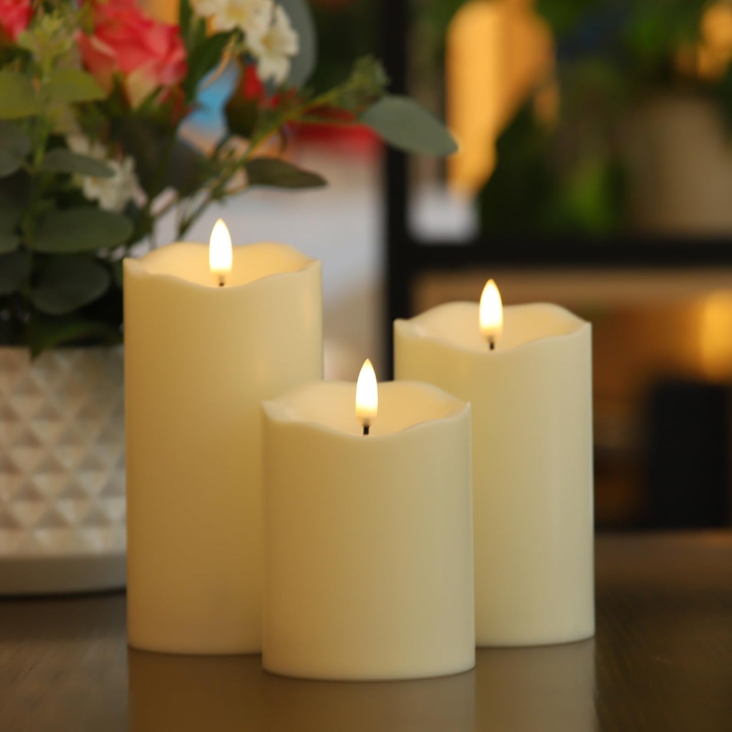 COVEGE Flickering Flameless Candles with Remote, Most Realistic Battery Operated Candles, Set of 3 LED Candles with Timer for Home Wedding Halloween Christmas Decoration