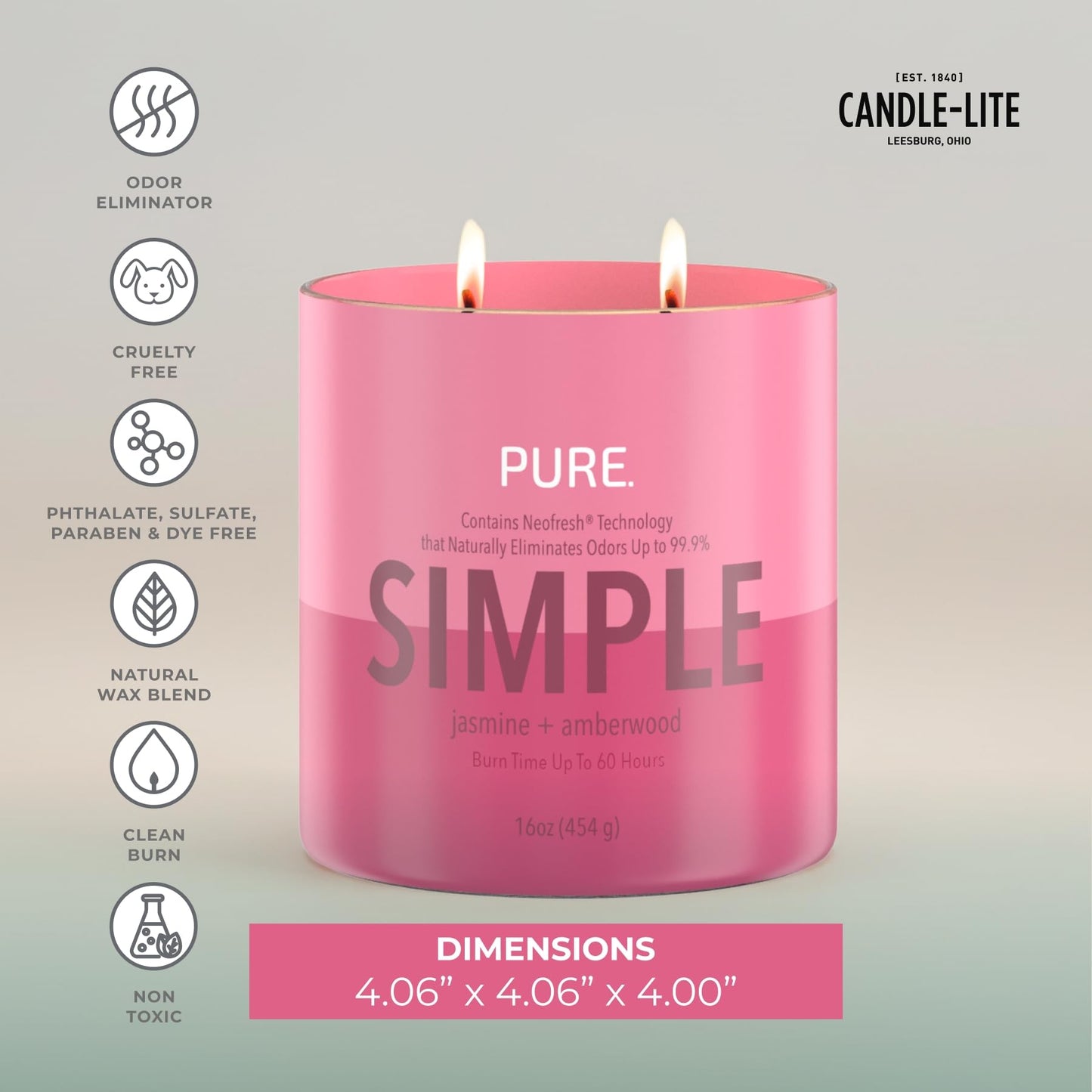 Candle-Lite Pure Jasmine & Amberwood Odor Eliminating Scented Candles, Neofresh Technology Eliminates 99.9% of Odors, 16 oz 2-Wick Jar, Proudly Poured in The USA, Up to 60 Hours Burn Time