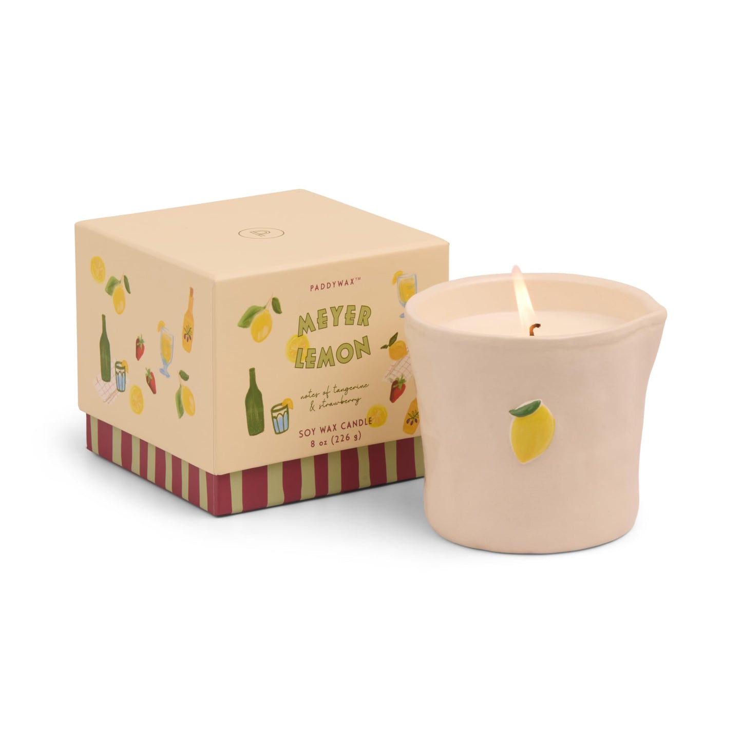 Paddywax Bistro Hand Painted Scented Candle in Ceramic Reusable Food-Safe Jar with Gift Box, Soy Candle with Approx. 56 Hour Burn Time, Meyer Lemon, 8 oz