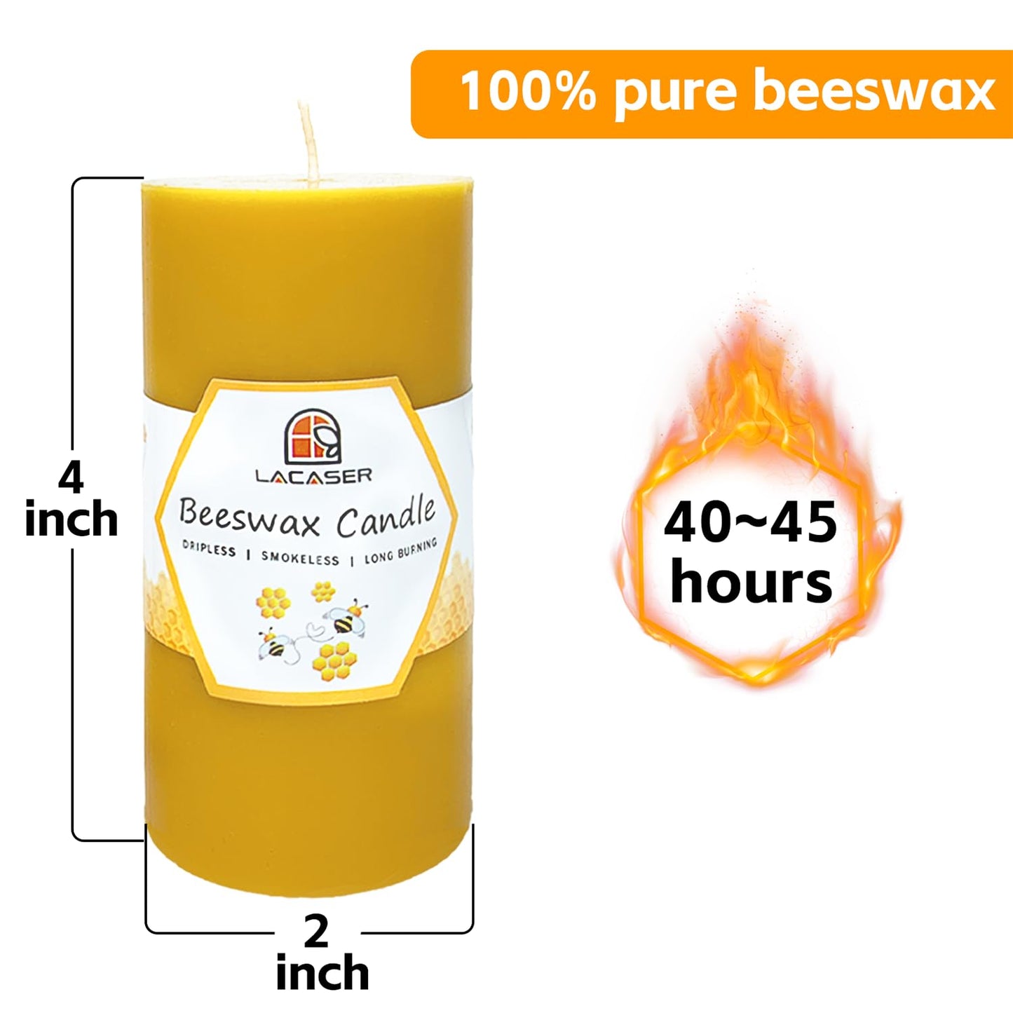 4 Pack Beeswax Pillar Candles Bulk, 100% Pure Beeswax Candles, 2X4 inch Bees Wax Candle for Home,Burning Time 160 Hours Total, Unscented & Dripless, Natural Yellow by Lacaser