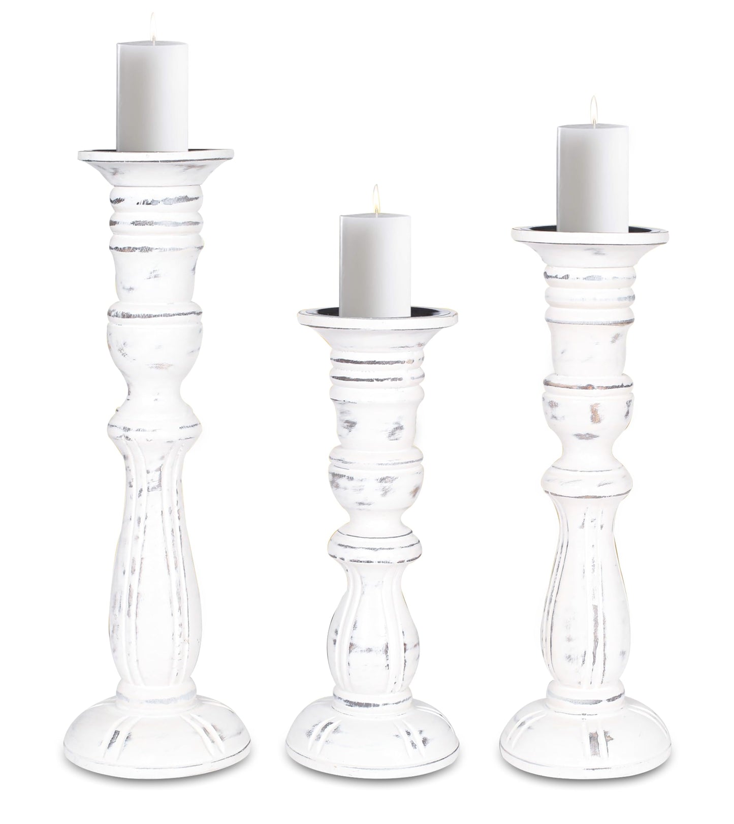 Wooden Candle Holder Set of 3, Tall White Wash Pillar Candle Holders, Rustic Farmhouse Decor, Brown Wooden Candle Stands for Home Decoration - 16, 14, 12 Inch Height