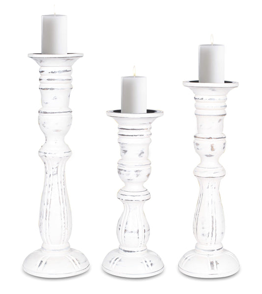 Wooden Candle Holder Set of 3, Tall White Wash Pillar Candle Holders, Rustic Farmhouse Decor, Brown Wooden Candle Stands for Home Decoration - 16, 14, 12 Inch Height
