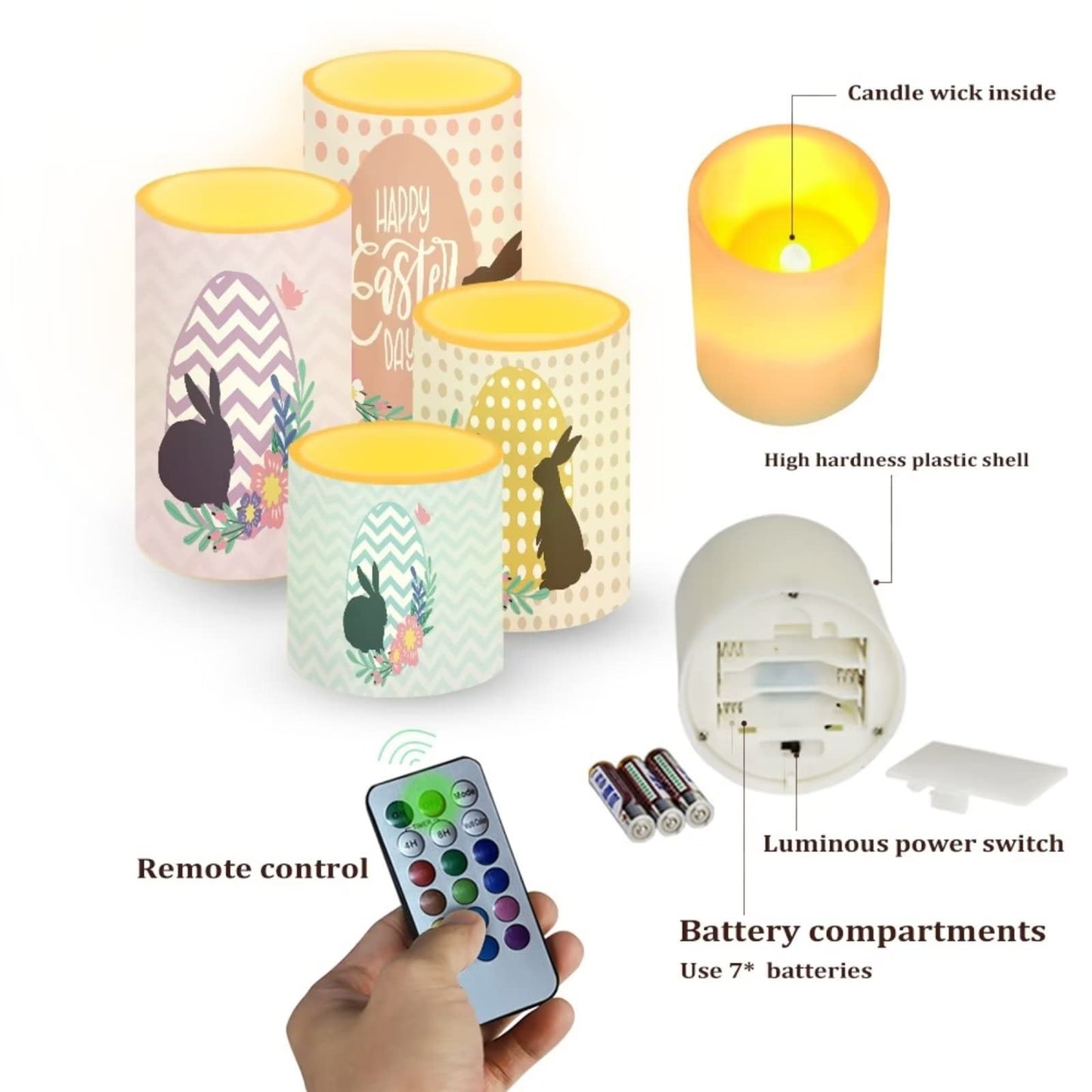 Cozeyat Cartoon Rabbit Pattern Flickering LED Candles for Indoor Outdoor,4 Packs Flameless Real Wax Pillar LED Tea Lights with Remote Controled Electric Tealights