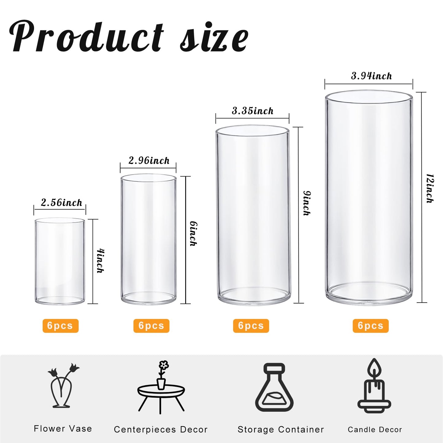 24 Pack Thick Glass Cylinder Vases 4,6,9,12 Inch Tall Clear Flower Vase Hurricane Floating Candle Holder for Table Centerpiece Wedding Home Decor