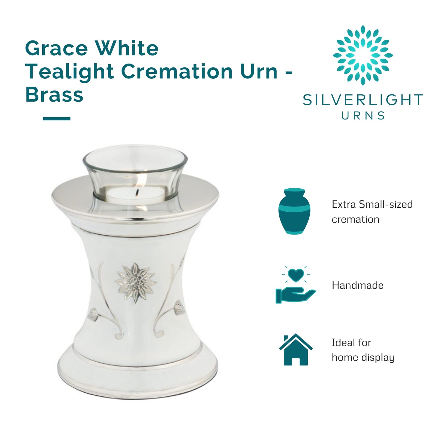 Grace White Tealight Cremation Urn for Ashes, Brass Memorial Candle, White and Silver, Extra Small Sized Cremation Urn, 5.5 Inches High