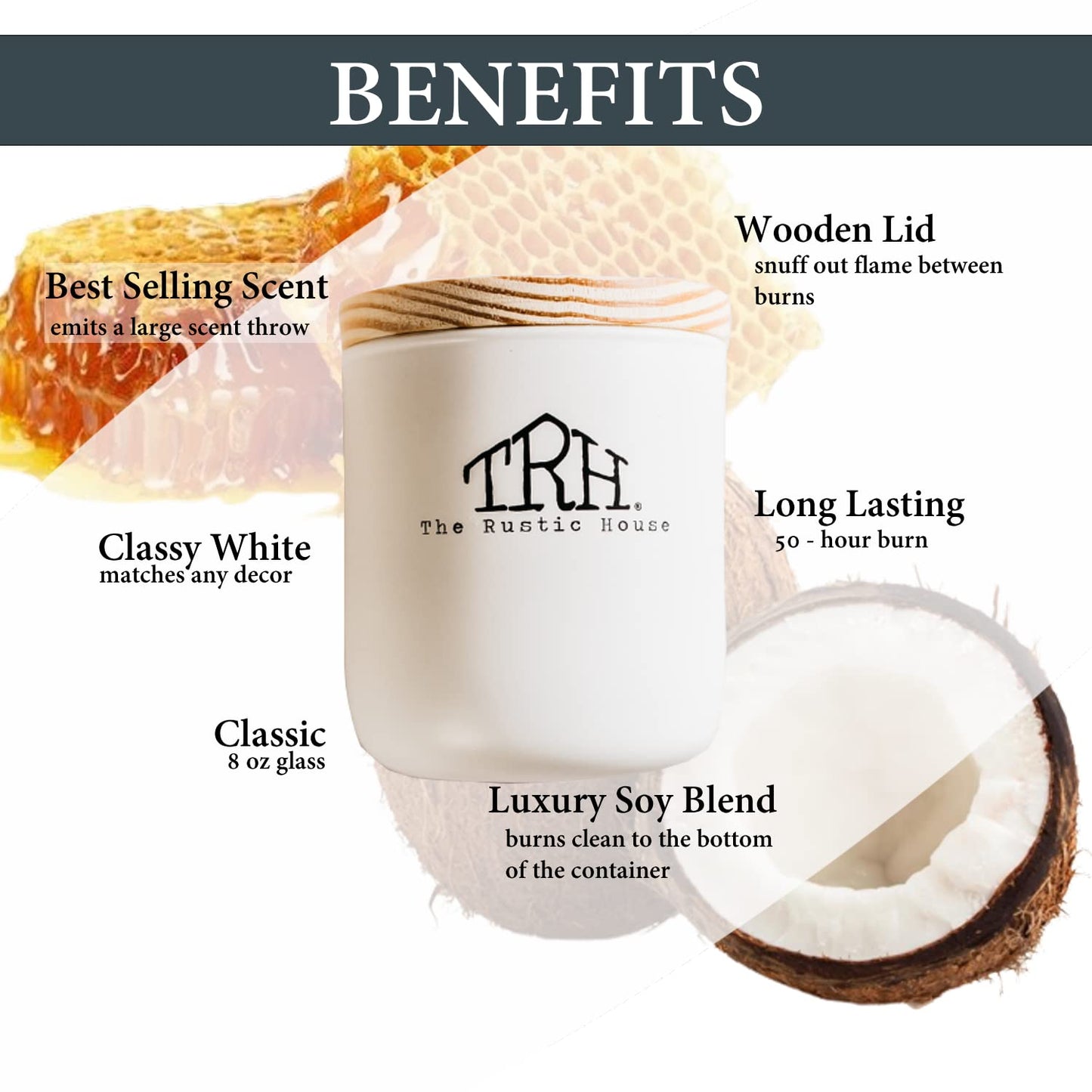 The Rustic House, Soy Candle, Milk + Honey - Long Burning, Non-Toxic, Wood Lid, Aesthetic Glass Jar
