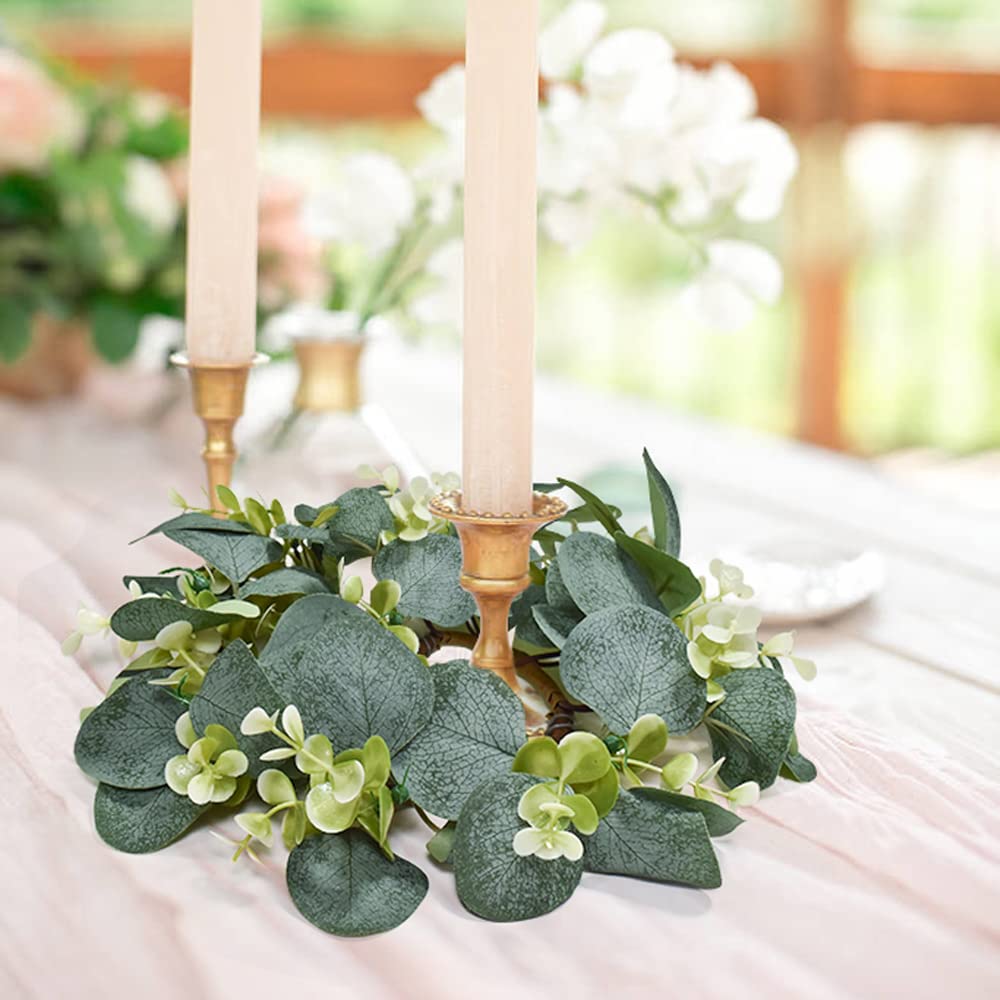 IWNTWY 6Pcs Candle Rings, Artificial Eucalyptus Wreath Candles Wreaths, Small Greenery Farmhouse Wreath for Door Wedding Centerpieces Home Party Table Decor, 4" ID / 9.8" OD