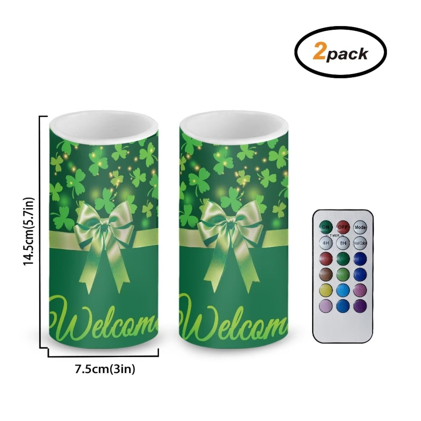Luarisgur St Patricks Day Decor Flameless Candles Battery Candles with Remote Control Green Bow LED Pillar Candles Electric Fake Plastic Candles for Home Room Bedroom Holiday Decorations Set of 2