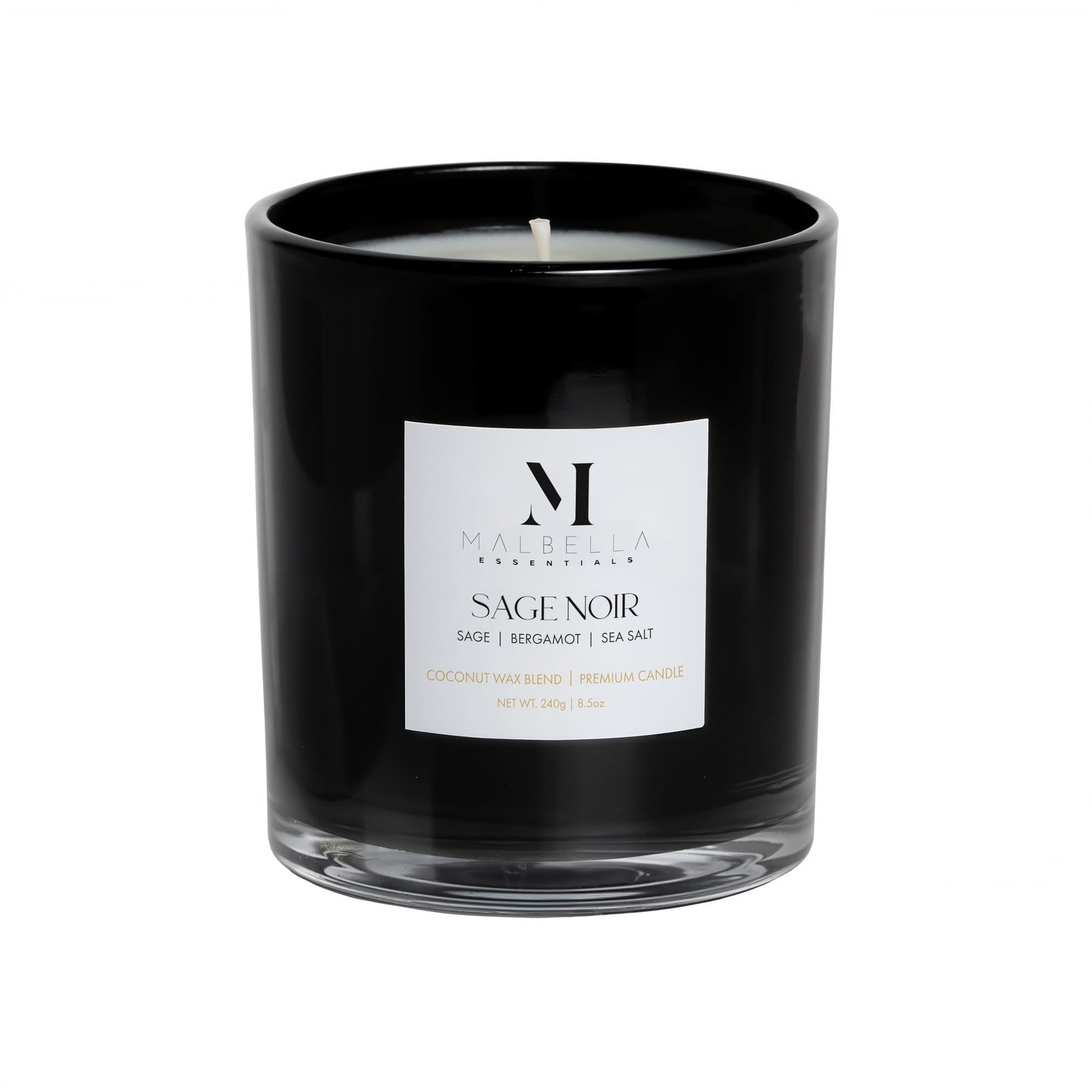 Malbella Essentials Sage Noire Luxury Scented Candle for Women & Men | 8.5 oz Hand-Poured Coconut Wax Blend | Modern Self-Care Aromatherapy Candle | 50 Hr Burn | Gift-Ready Glossy Glass Vessel