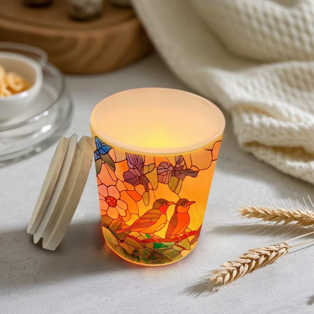 Stained Glass Birds Tea Light Candle Holders, Spring Blossoms Tealight Candle Holder Jar with Wooden Lid, Votive Candlesticks for Table Centerpieces, Christmas,Birthday Party,Home Decor