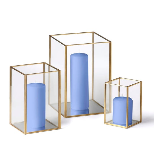 Yummi Set of 36 Slim Pillar Candles & Gold Luxus Lanterns - Periwinkle Blue