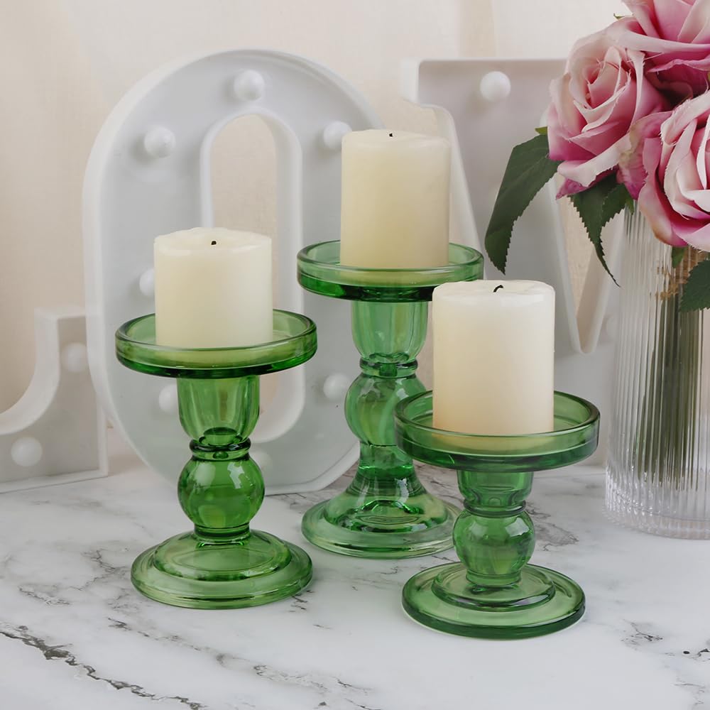 BTGLLAS 3-Piece Set of Green Glass Candlestick, Crystal Candlestick Holder Holder and Conical Candle, Christmas Candle Holder Decoration, Family Living Room Wedding Candle Holder (green1set)