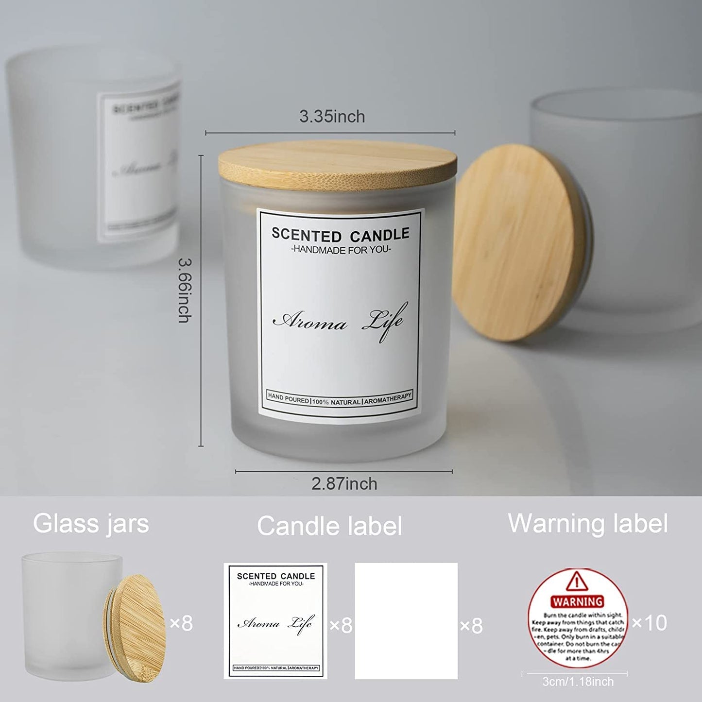 Creahaus 10oz, 16 Pack Thick Candle Jars with Bamboo Lids for Making Candles, Bulk Frosted Empty Glass Candle Containers & Sticky Labels, Warming Labels Kit, Heat Resistant Candle Vessels