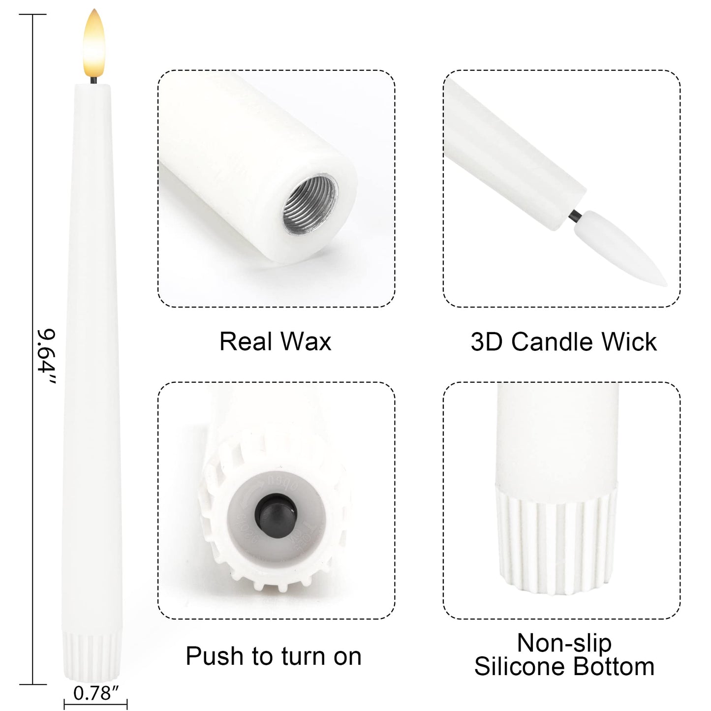 Flameless Taper Candles with 3D Wick, 9.6" Real Wax LED Candles with 2 Remote and Timer, 6 Pack Flickering Candlesticks Battery Operated, Classic Tall Taper Candle for Home, Wedding, Party, White