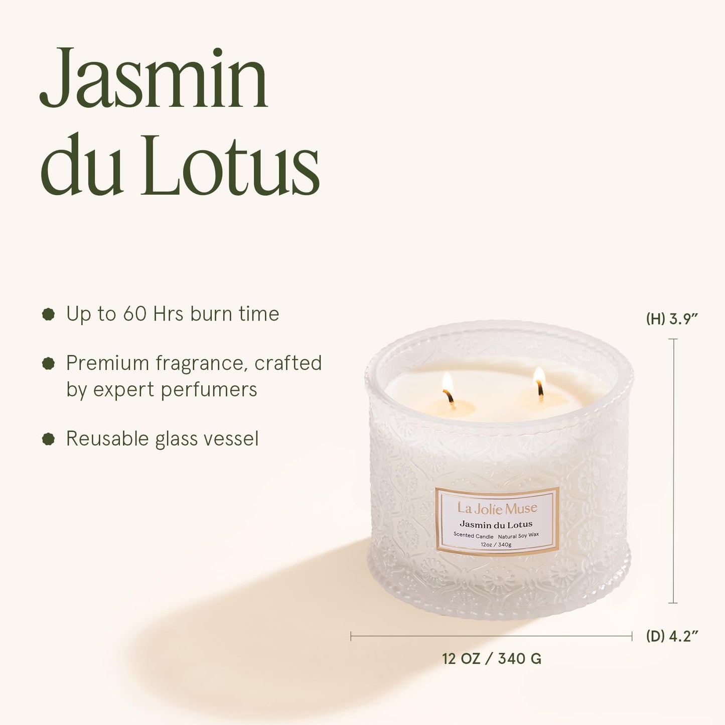 LA JOLIE MUSE Jasmine Lotus Scented Candles for Home | 2-Wick Non Toxic Natural Soy Floral Candles | White Large Jar Candle for Women | Luxury Gifts for Mom | 12 oz