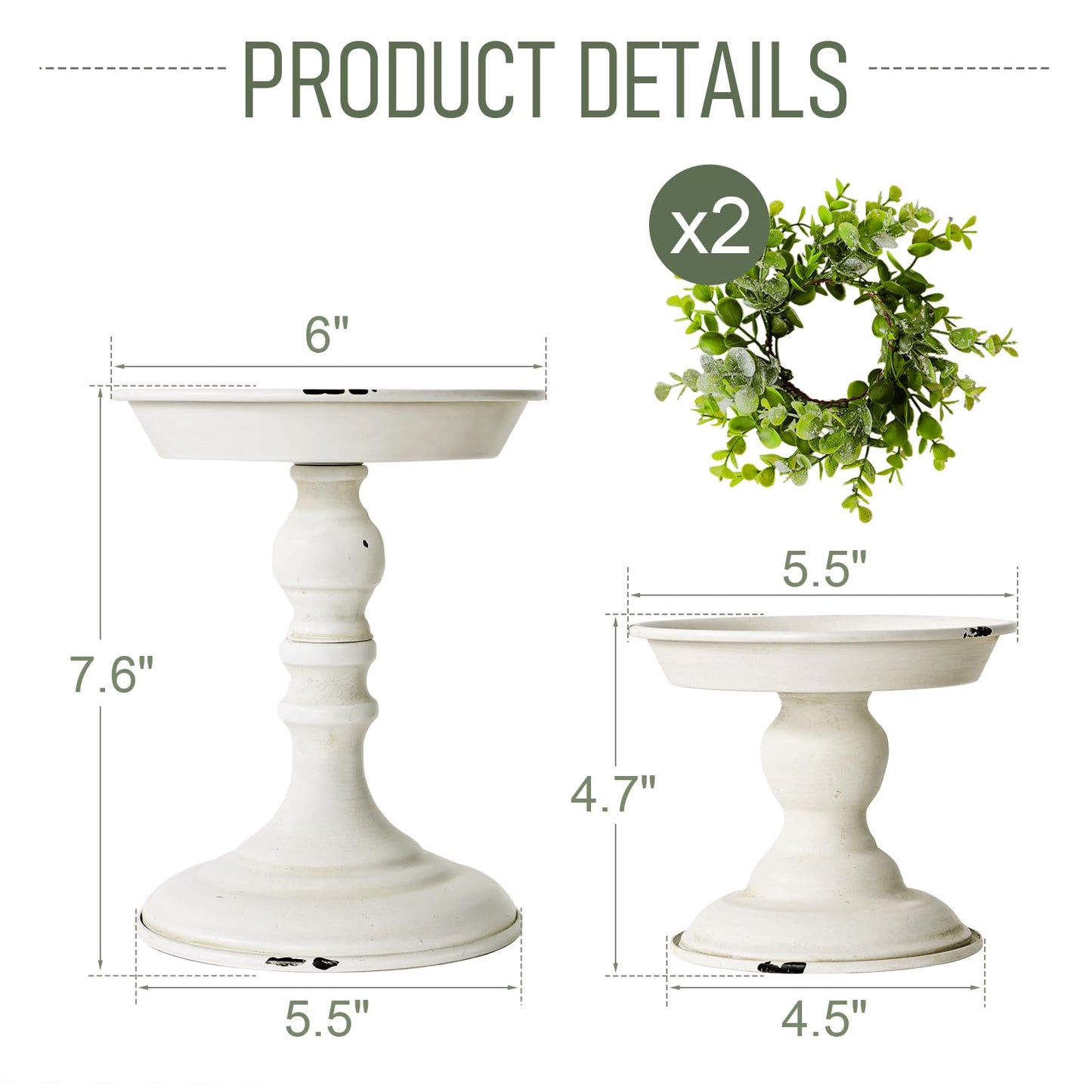 Rustic Iron Pillar Candle Holder: White Farmhouse Candle Holder with Greenery Wreaths Set of 2, Elegant Large Candle sticksholder Decor for Wedding, Coffee Table Centerpieces, Living Room, Home Decor