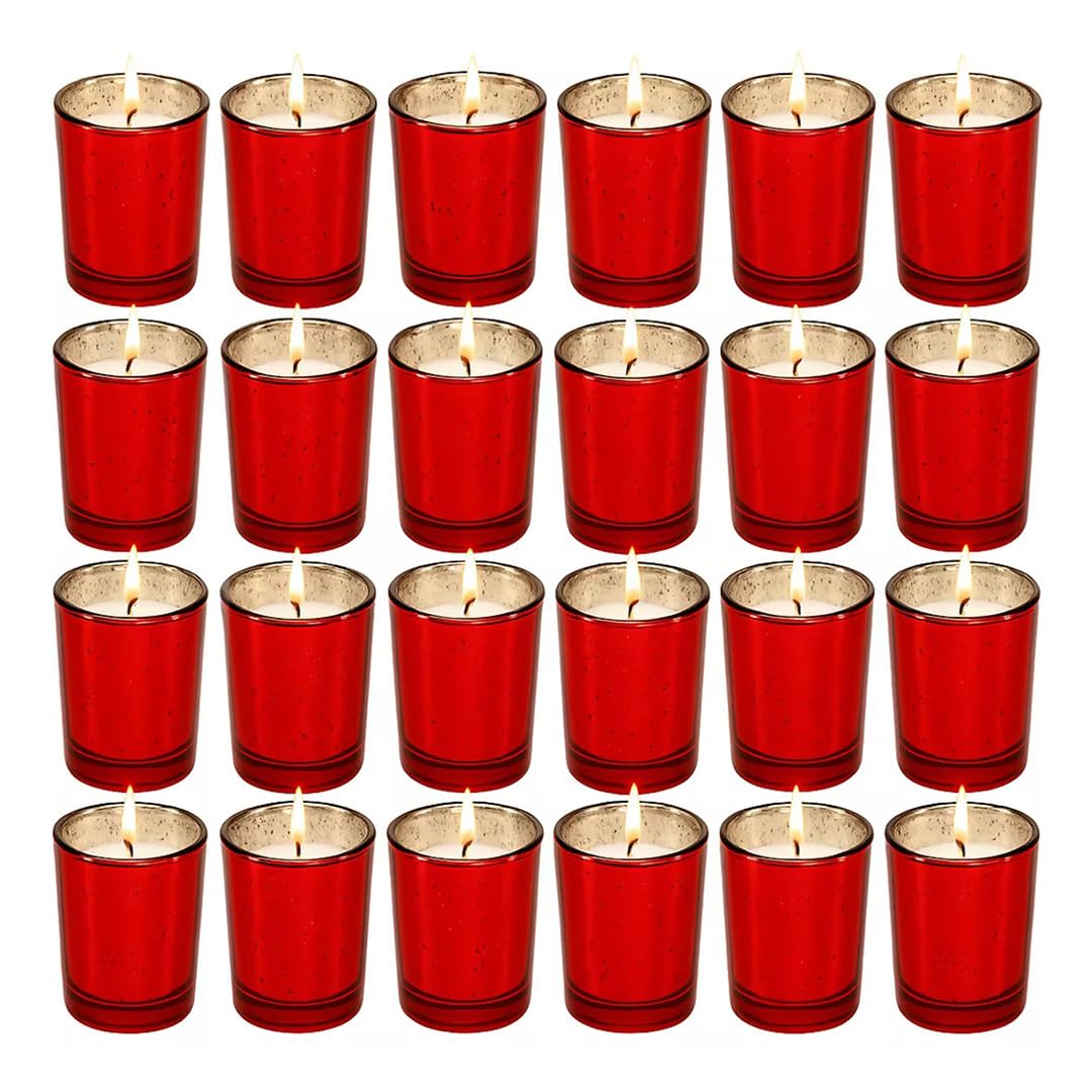 Soft Breeze 24PCS Red Mercury Glass Votive Candle for Wedding, Votive Candle for Christmas and Halloween Decorations,Red