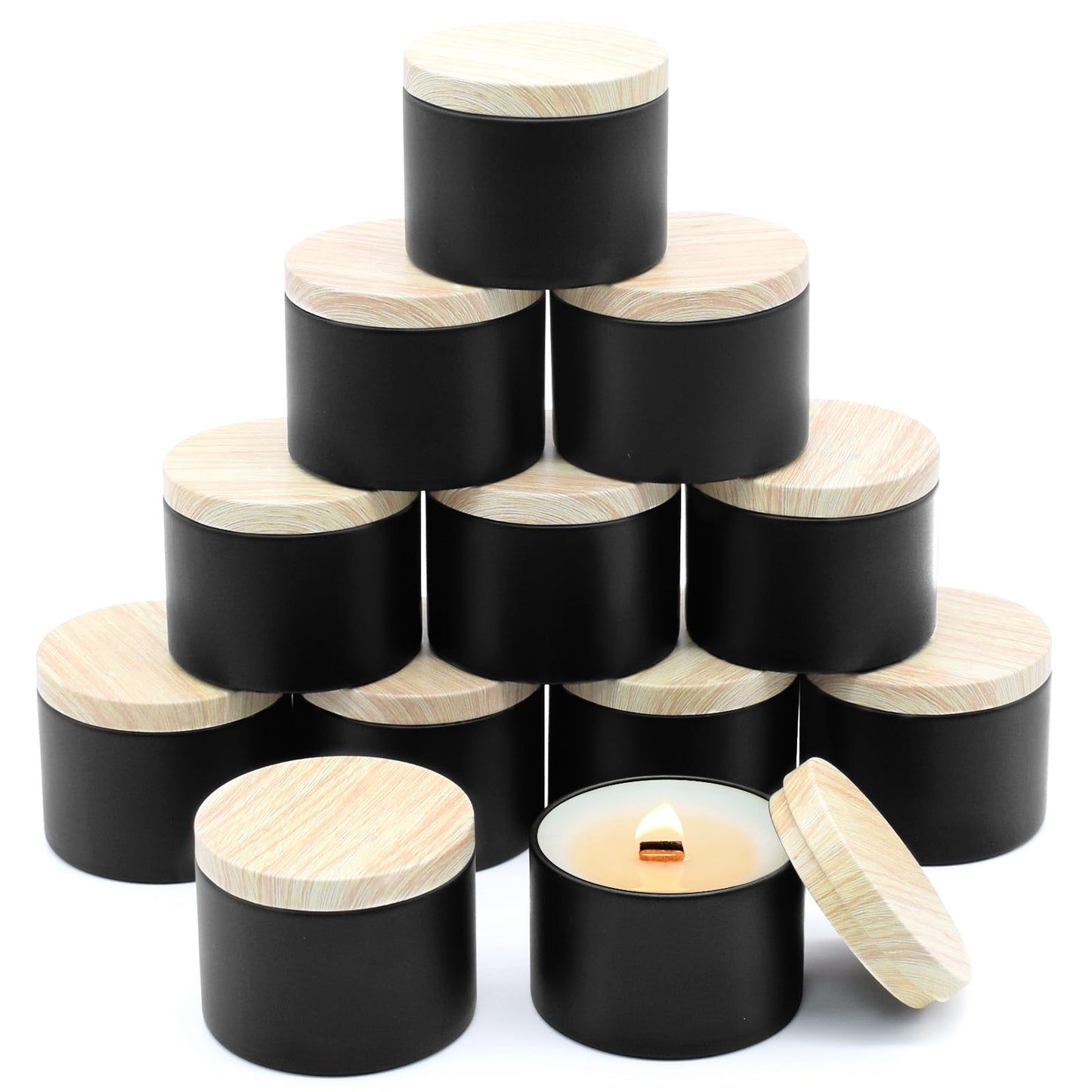 YJHSS 12-Pack Candle Jars, 8oz Candle Tins with Metal Wood-Grain Printing Lids, Empty Metal Candle Jars for Making Candles Bulk Candle Containers -Black