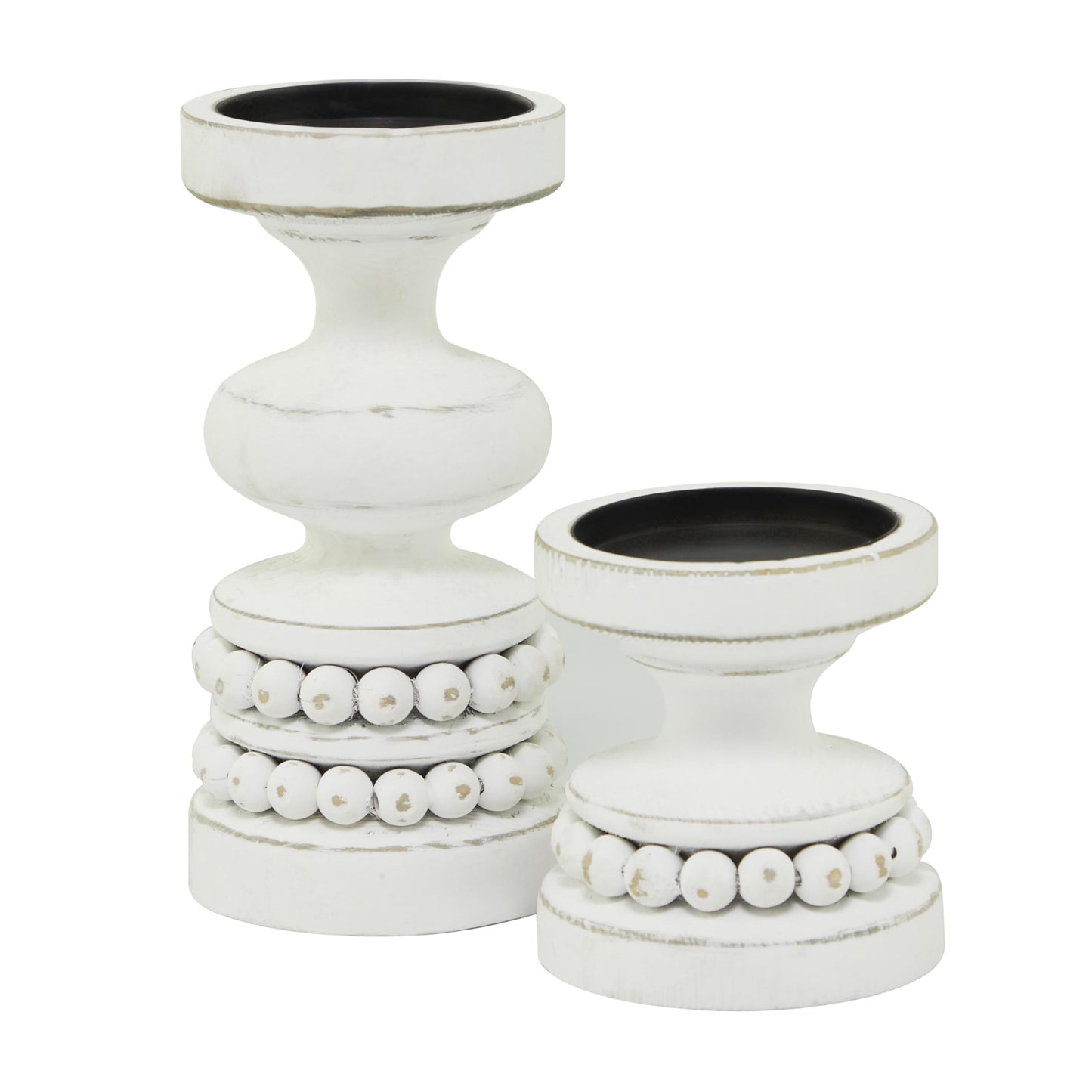 Deco 79 Wood Decorative Candle Holder Beaded Pillar Candle Stand, Set of 2 Candlestick Holder 8", 4"H, White