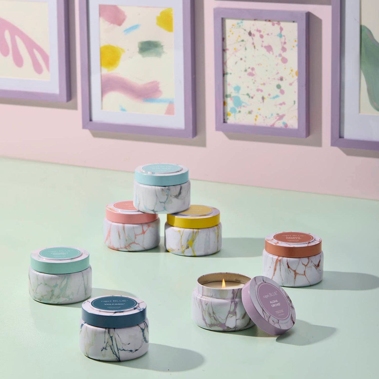 Capri Blue Modern Marble Printed Travel Tin Jar Candles - Luxury Decorative Candles for Home Scented - Long Lasting Soy Wax Blend - Coconut Santal (8.5 oz)