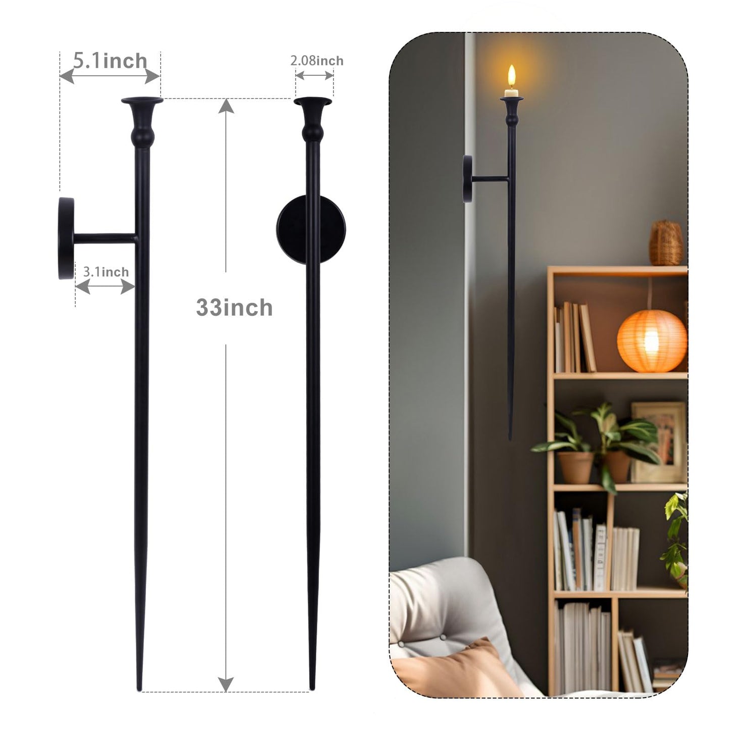 Candle Sconces Long Wall Candle Holder - 33" H Set of 2 Black Long Wall Candle Sconce Retro Chic Wall Sconces Candle Holder Decoration for Dining Room, Living Room, Office, Bathroom