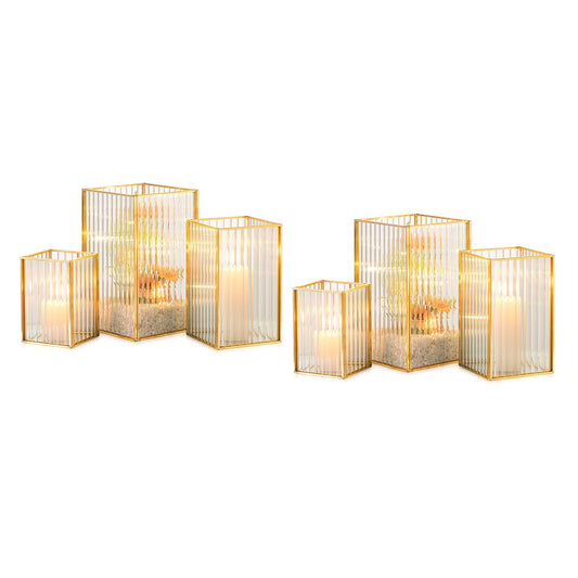 Hewory Gold Hurricane Candle Holder: 6 PCS Ribbed Hurricane Glass Candle Holders for Pillar Candles, Square Pillar Candle Holders for Table Centerpiece Wedding Christmas, Home Decor for Kitchen Patio