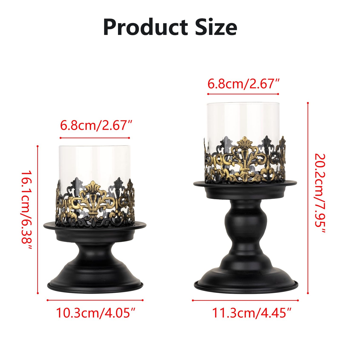 Woparty Gothic Hurricane Candle Holders, Black Metal with Glass Sleeve, Set of 2 Decorative Pillar Holders, 5.9 and 7.9 Inch Height, 4 Inch Diameter