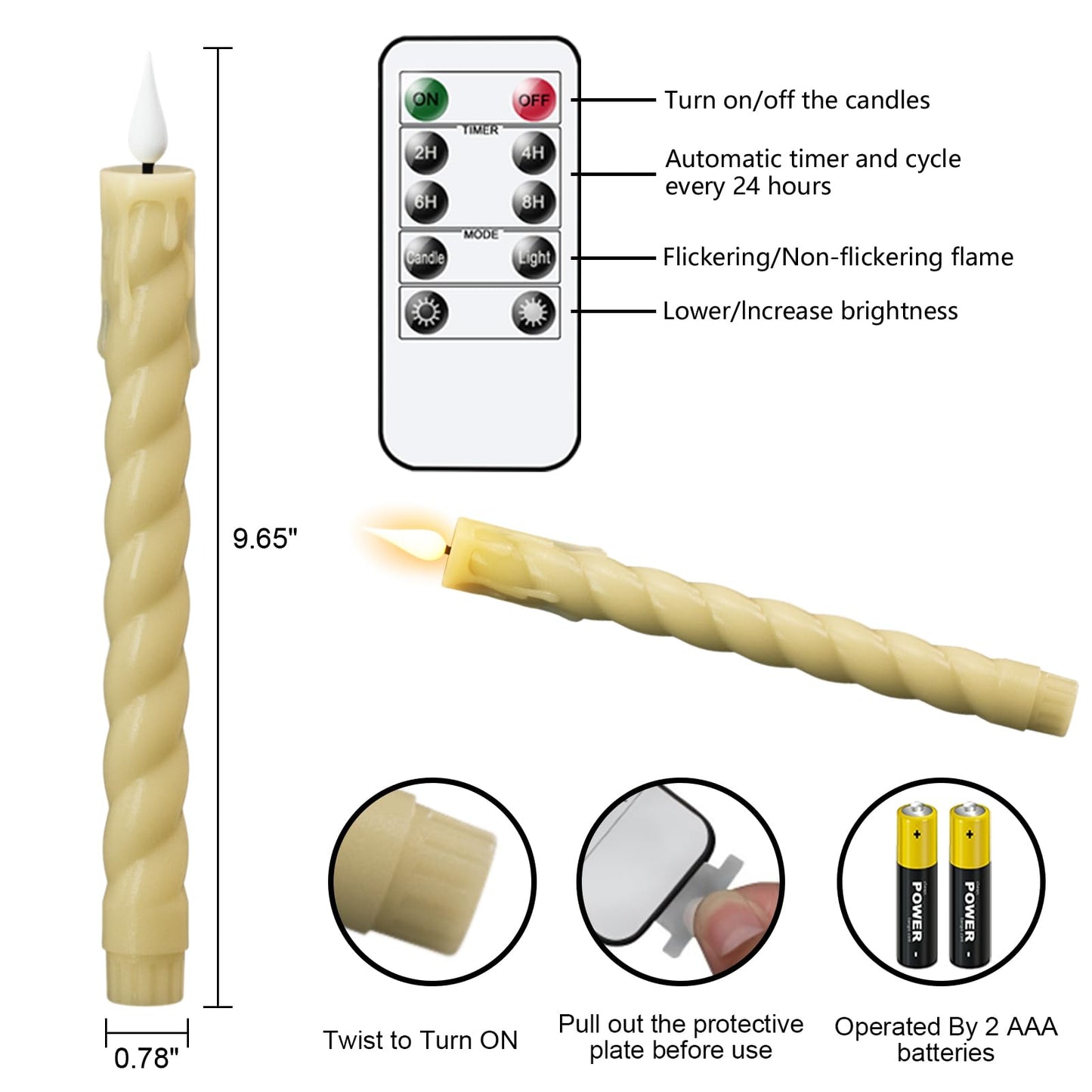 DRomance Flickering Flameless Taper Candles with Remote and Timer, 2 Pack Battery Operated LED Taper Candles 3D Wick Plastic Dripping Effect Dinner Wedding Holiday Decor(Ivory, 0.78" D x 9.65" H)