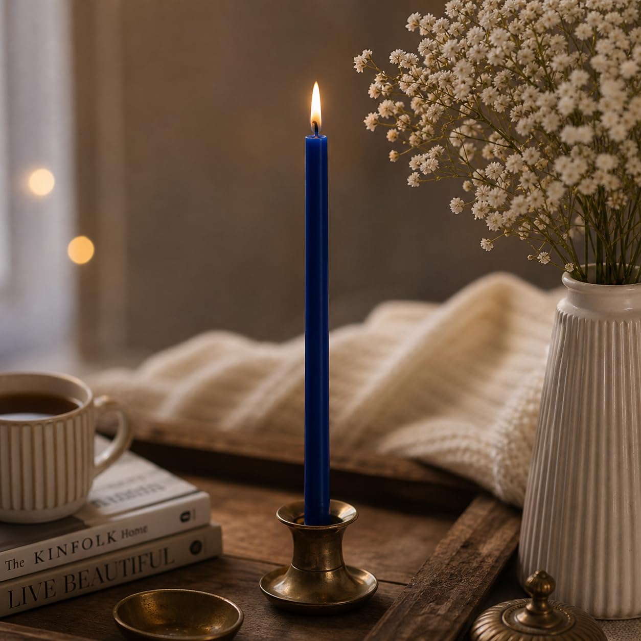 Petekoğlu 15-Pack Beeswax Wish Candles – Handcrafted, Drip-Free, Smoke-Free Slim Taper Candles for Rituals, Meditation, Birthday & Home Décor – Natural Honey Scent 7.87” x 0.24” (Deep Blue)